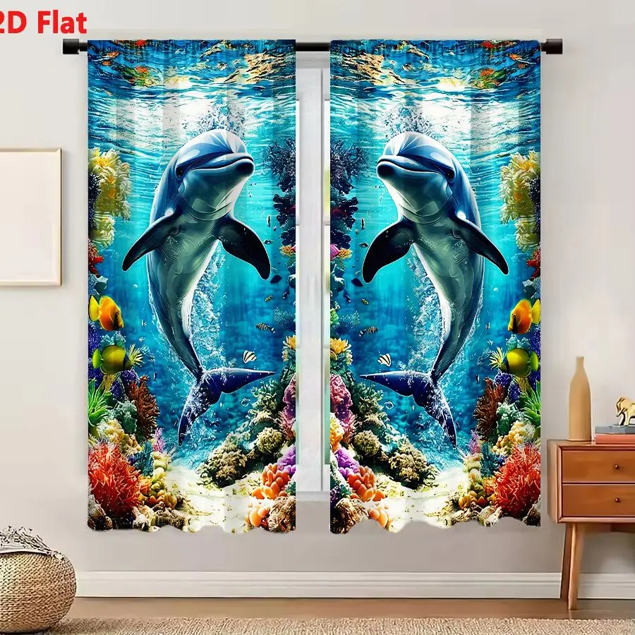 2Pcs Curtains 2D Flat Vibrant Underwater Scene With Two Symmetrical Dolphins Swimming Above Colorful Coral Reef And Tropical Fis