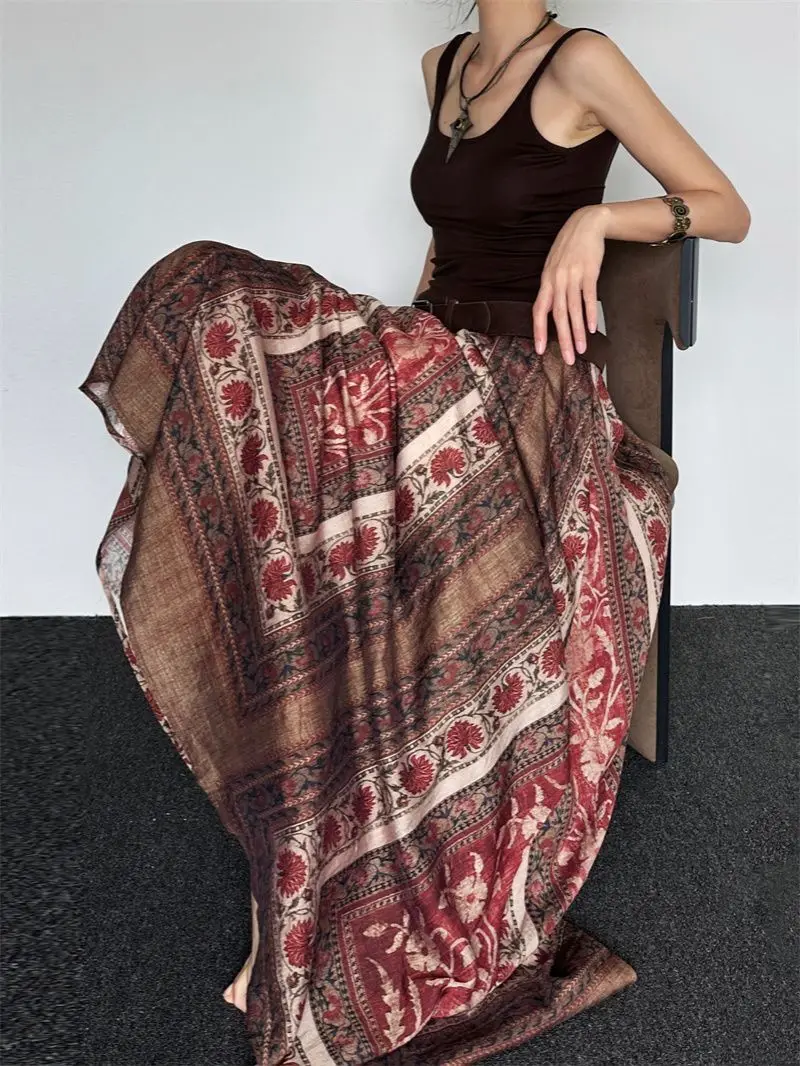 

Retro Ethnic Style Printed Skirt Women's Summer New Fashion Temperament High Waist A Word Dress