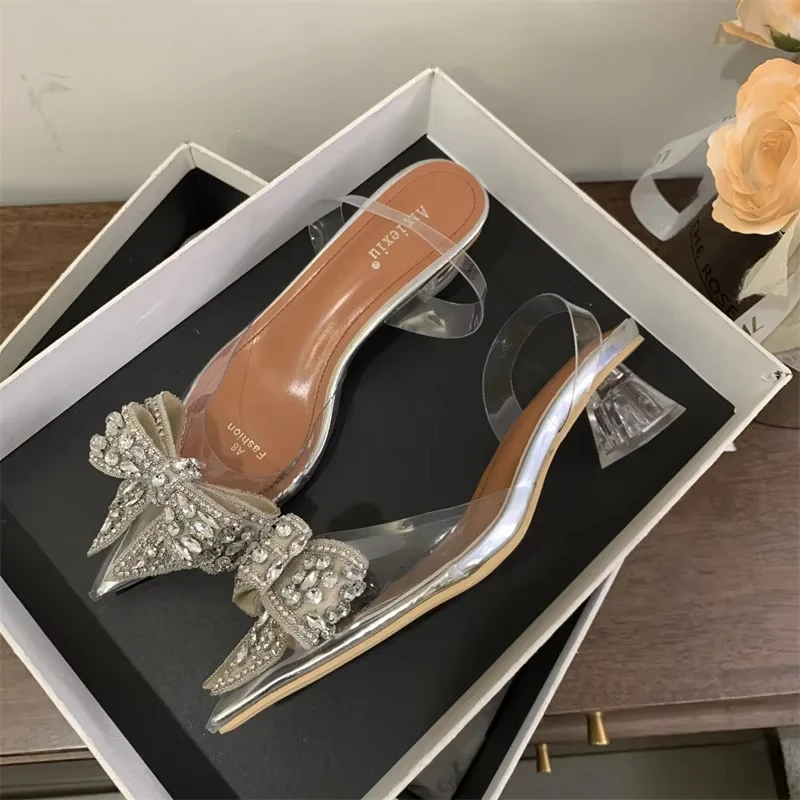 

Transparent Rhinestone High Heels Women Luxury Designer Slingback Shoes Pointed Toe Sexy Crystal Diamond Bowknot Sandals Women
