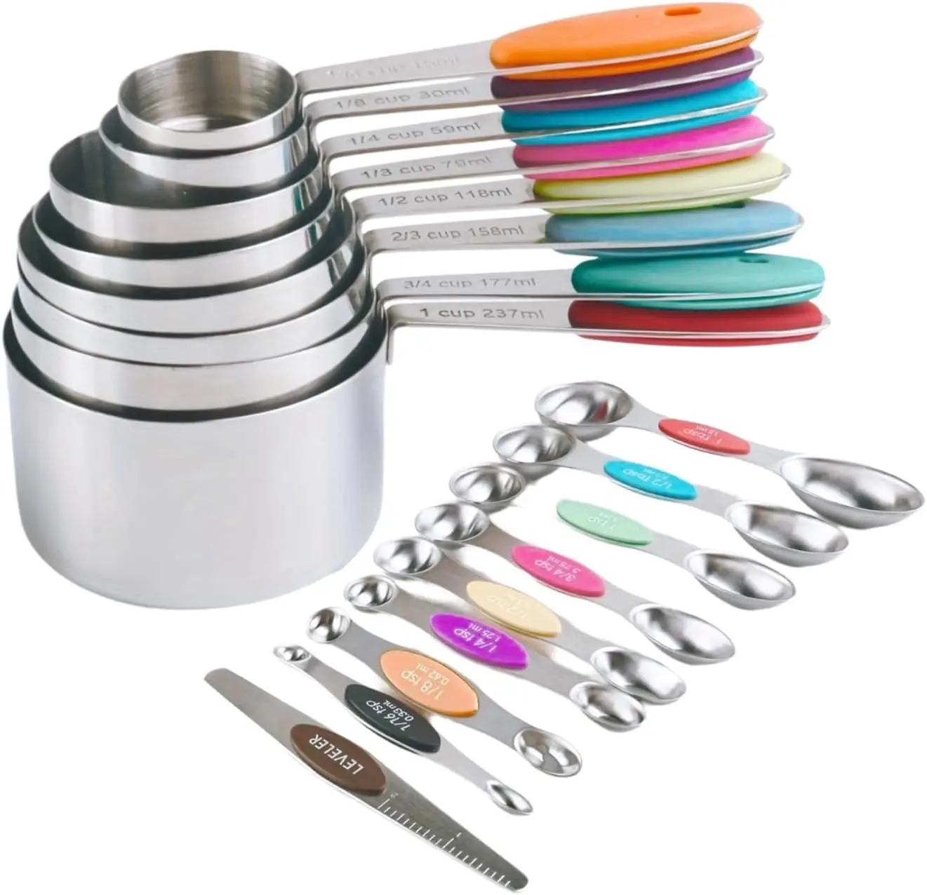 Measuring Cups And Spoons Set Of 5/10/17 Piece, Stainless Steel Nesting Measuring Cups Set With Silicone Handles, Kitchen Utensils For Cooking And Baking