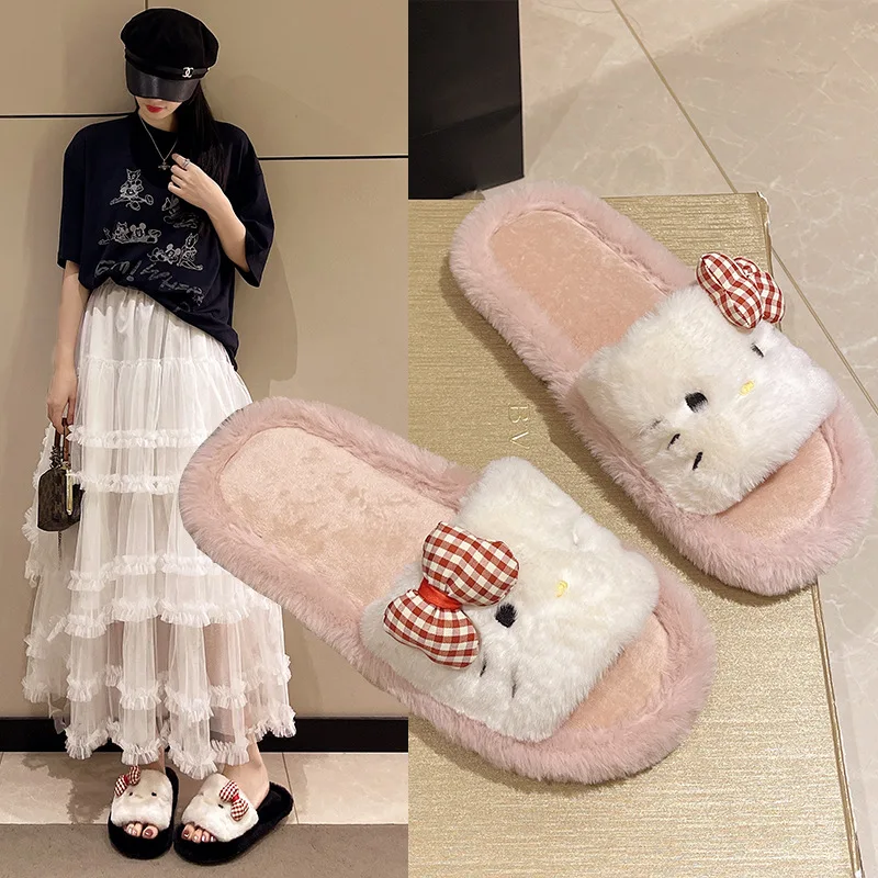 شباشب منفوشة على شكل قطة كرتونية KT لدفء الخريف والشتاء للسيدات، شباشب قطنية بفتحة على الأرض #4