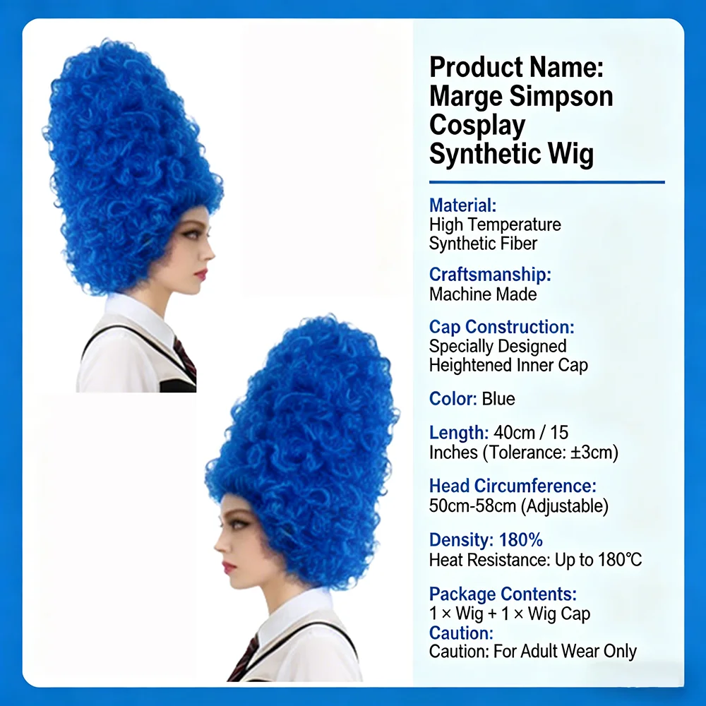 Marge Simpson Cosplay Wig Bright Blue Tall Top Beehive Afro Wig For Halloween Comic Con Party Heat Resistant Synthetic Hair