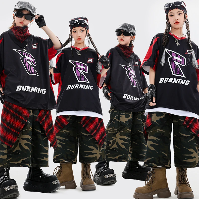 

Kid Kpop Hip Hop Clothing Red Top T Shirt Camouflage Shorts for Girl Boy Jazz Dance Costume Clothes Tween Kids Top+Bottom Suit