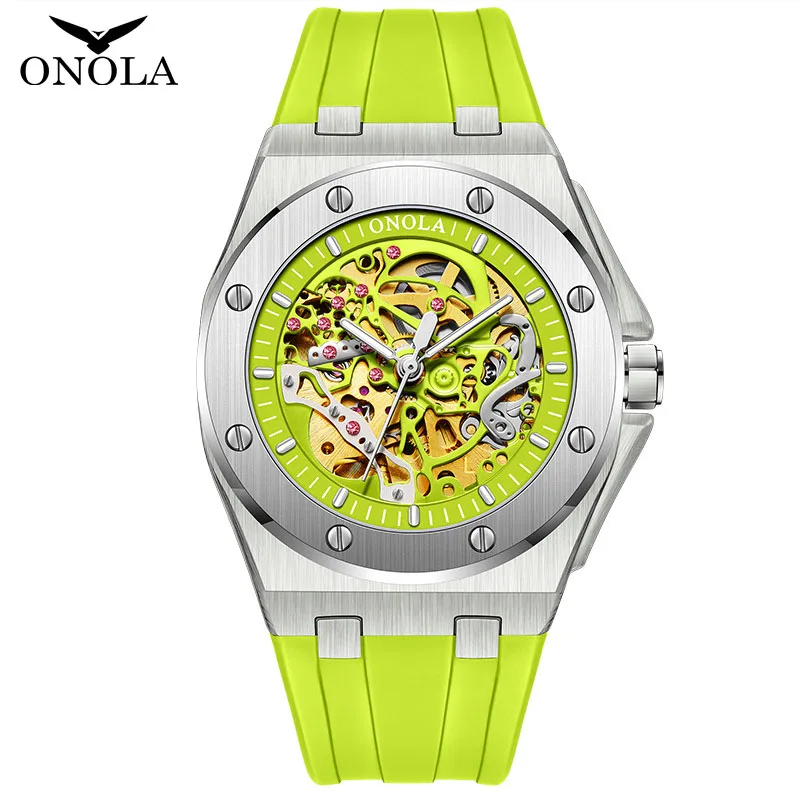 

Fashion Green Watch For Mens Sport Silicone Strap Waterproof Clocks Hollow Out Automatic Mechanical Wristwatch Man Reloj Hombre