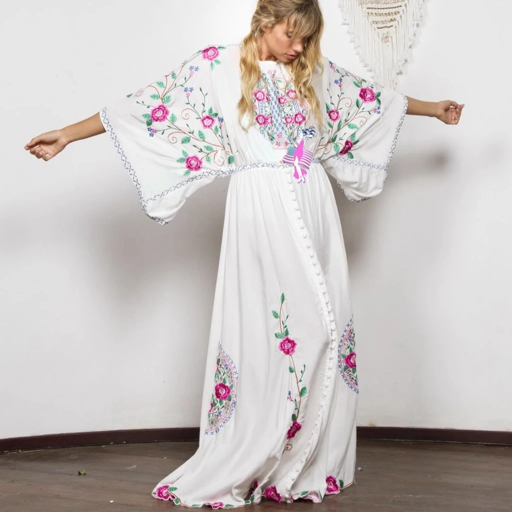 Elastic Waist Both Sides Wearable Maxi Dresses Women Boho Beach Cotton Floral Embroidery Robe Vintage Backless Dress Vestidos