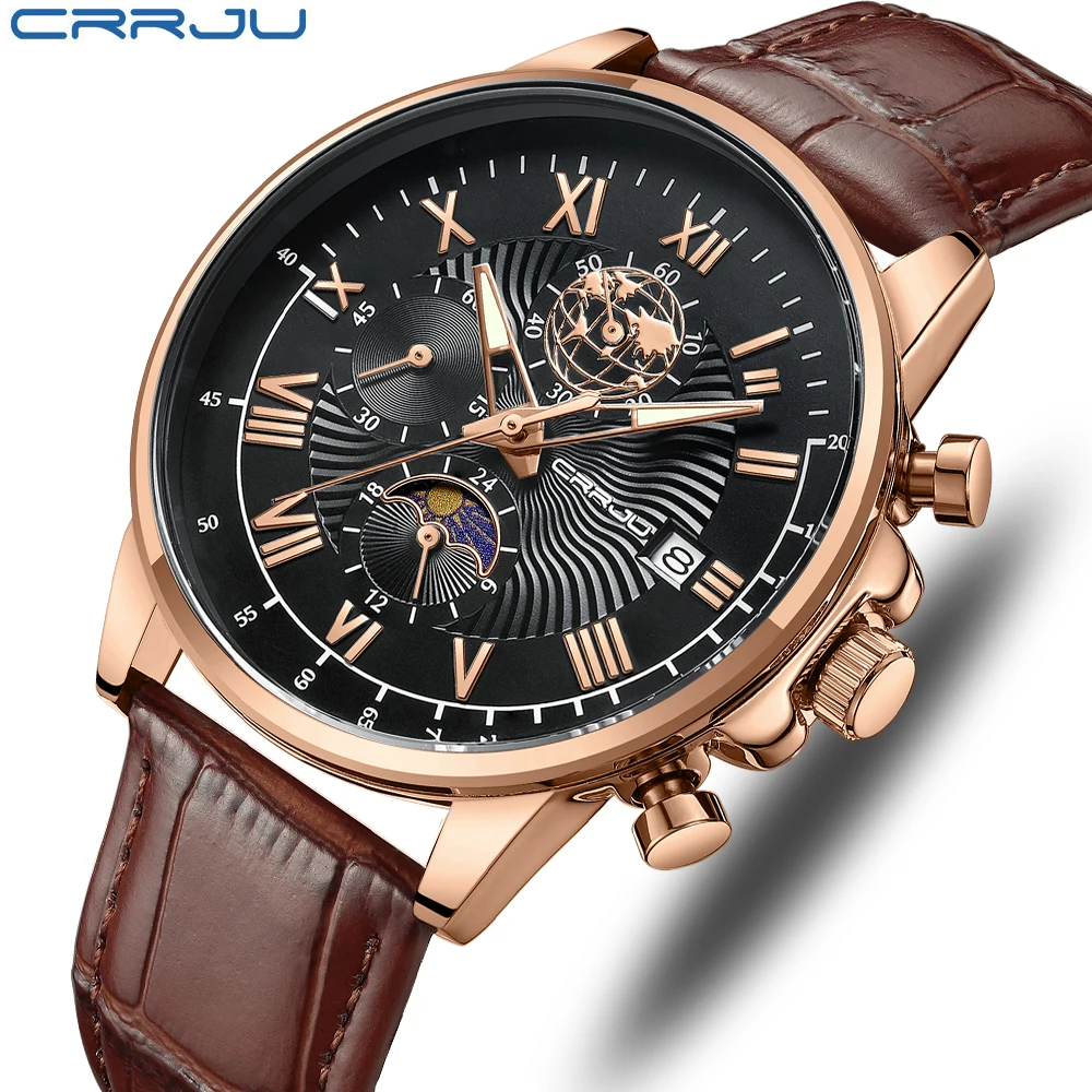 

CRRJU Men Casual Sport Military Quartz Calendar Wrist Watch for Man Business Leather Waterproof Male Clock Relogio Masculino