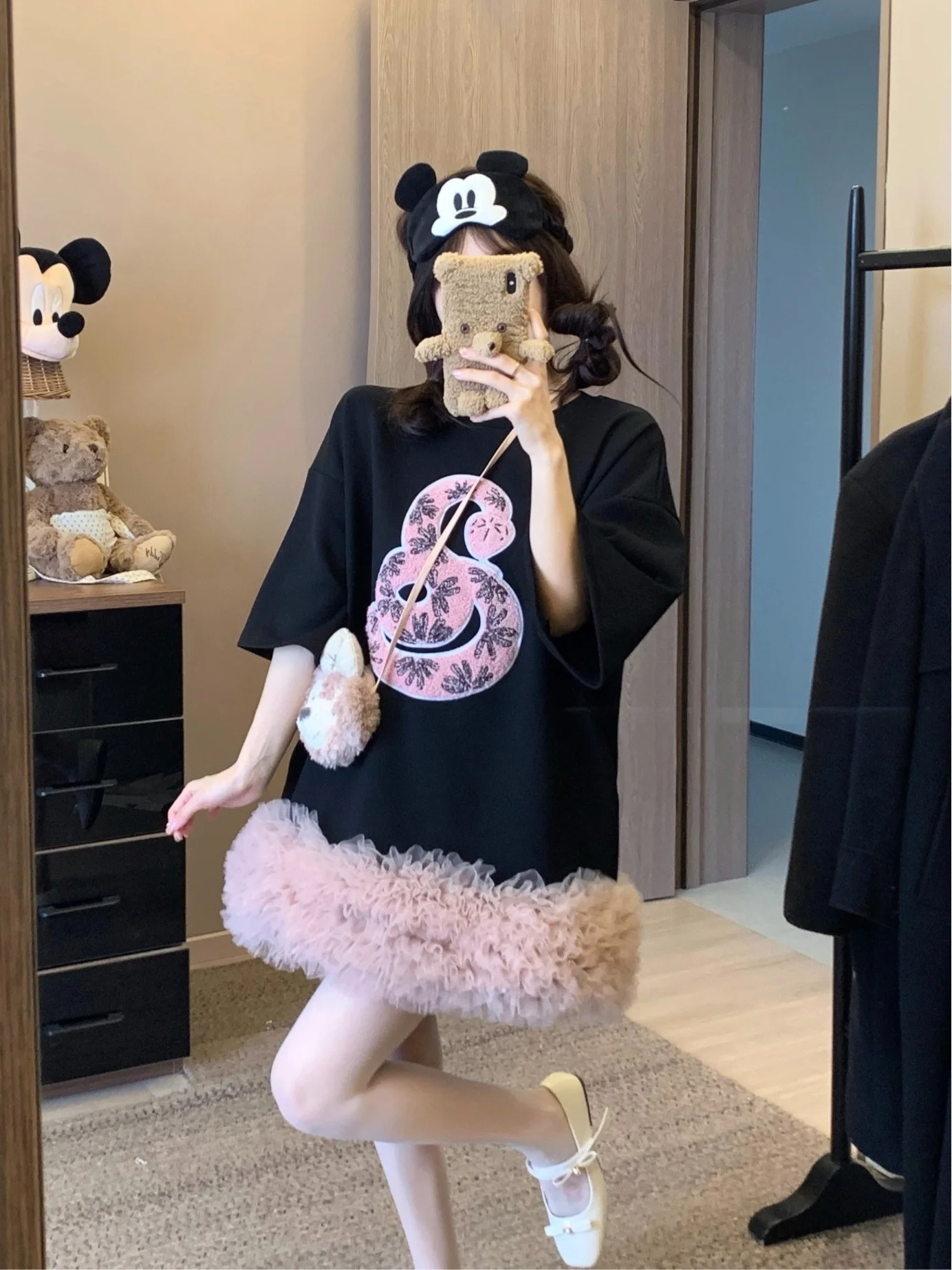 

Новое женское платье-футболка свободного кроя, весна 2026, в корейском стиле, с сетчатыми вставками, многоярусной юбкой, короткое, повседневное, с круглым вырезом