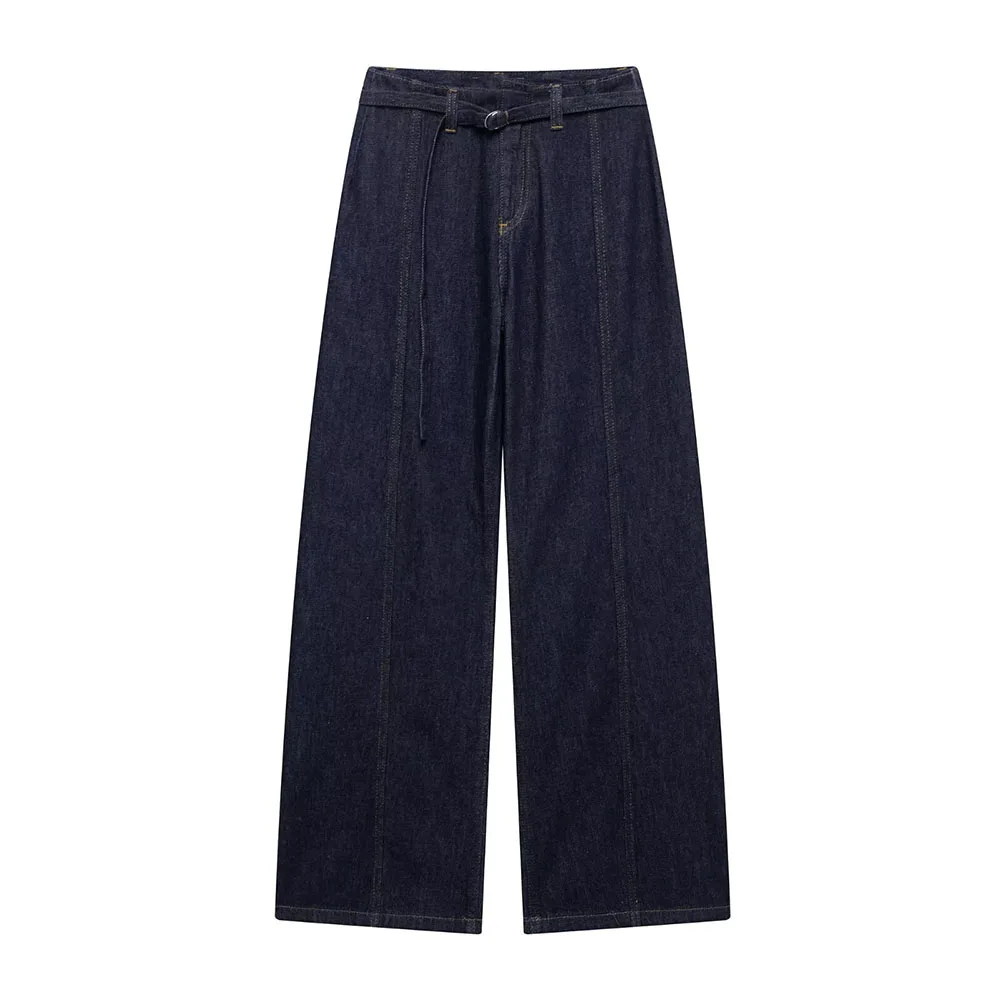 

TRAF Women 2025 Spring New Fashion Lazy Style with Belt Jewelry Joker Jeans Chic Zipper Casual Wide Leg Pants Trousers Mujer