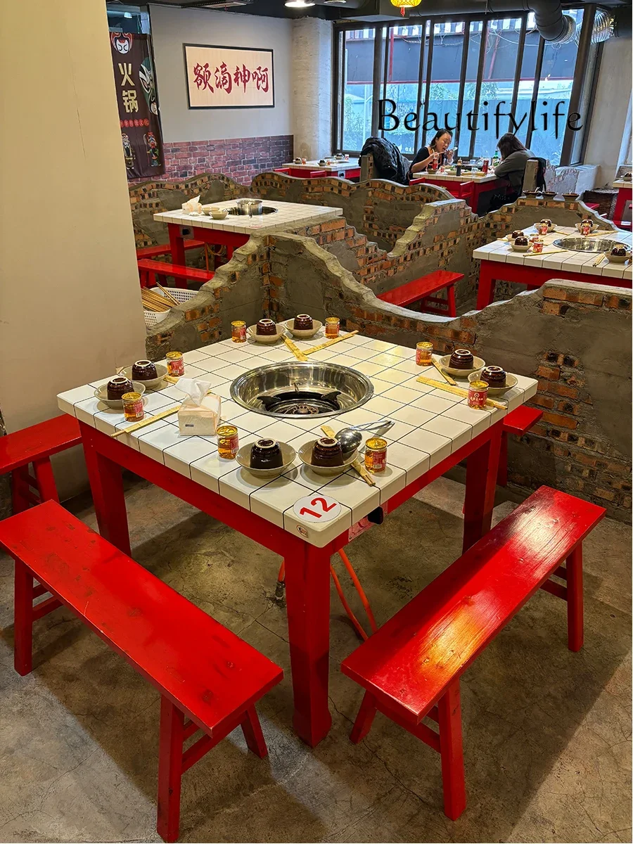 Cooker Integrated for Commercial Use and Hot Pot Restaurant Table and Chair Smoke-Free Washing and Baking Integrated Table