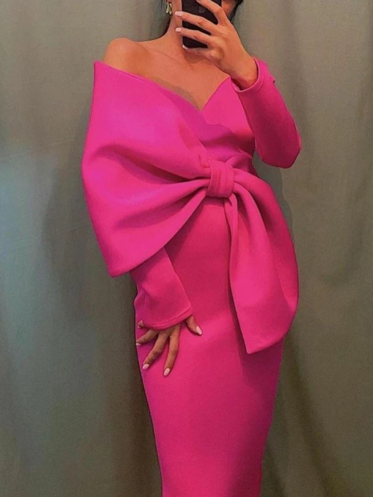 Fuchsia Party Dresses V Neck Bare Shoulder Bowtie Sexy Slim Fit Empire Long Sleeve Evening Birthday Party Prom Gowns Outfits