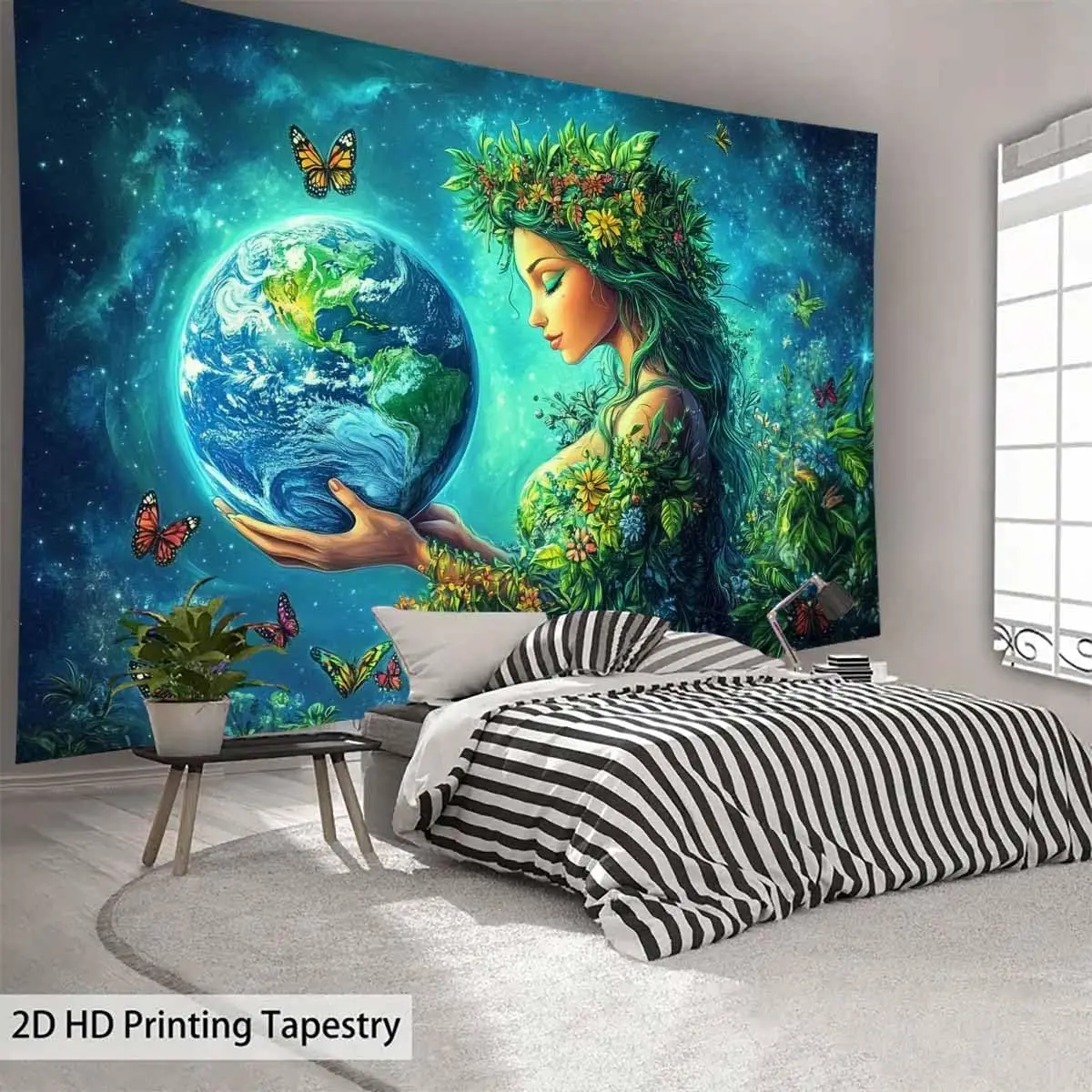Boho Nature Goddess Tapestry Wall Hanging Art Cosmic Earth Floral Decor Bohemian Style Poster for Living Room Bedroom