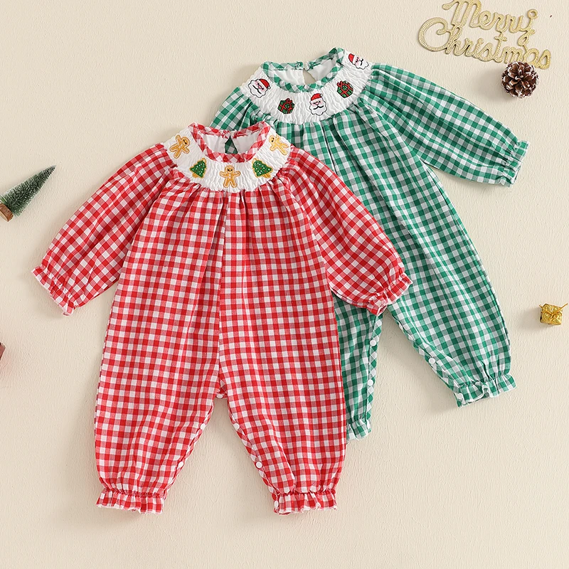 Newborn Baby Girl Christmas Outfit Santa Smocked Bubble Romper Embroidery Plaid Jumpsuit Puff Bodysuit Fall Clothe