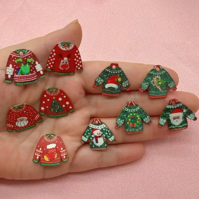 10 pièces d'accessoires en alliage de zinc à thème de Noël imprimé (chapeau du Père Noël, sapin de Noël, cloche) pour colliers et clés