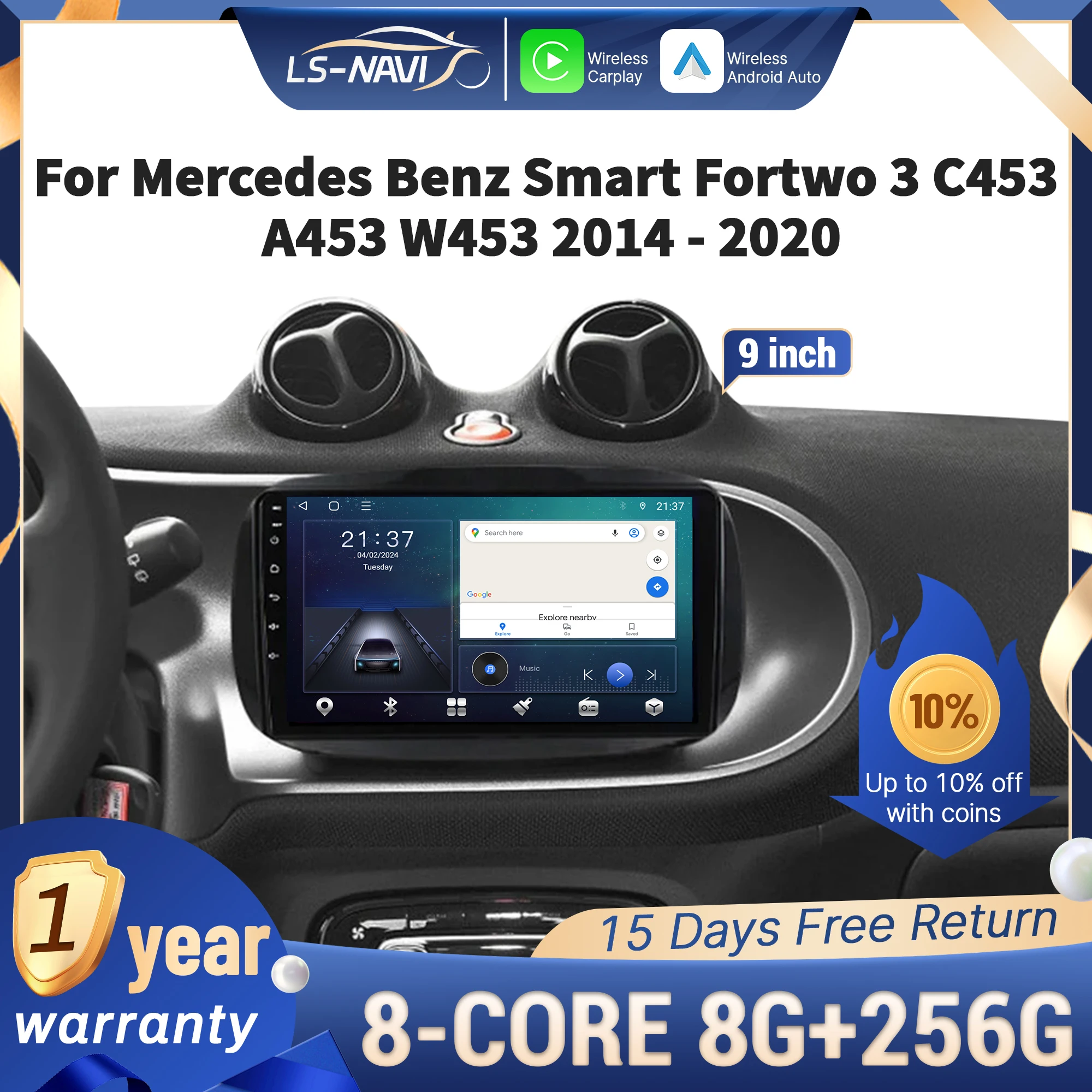 لمرسيدس بنز الذكية Fortwo 3 C453 A453 W453 2014-2020 راديو السيارة الوسائط المتعددة الملاحة لتحديد المواقع اللاسلكية CarPlay 4G شاشة تعمل باللمس