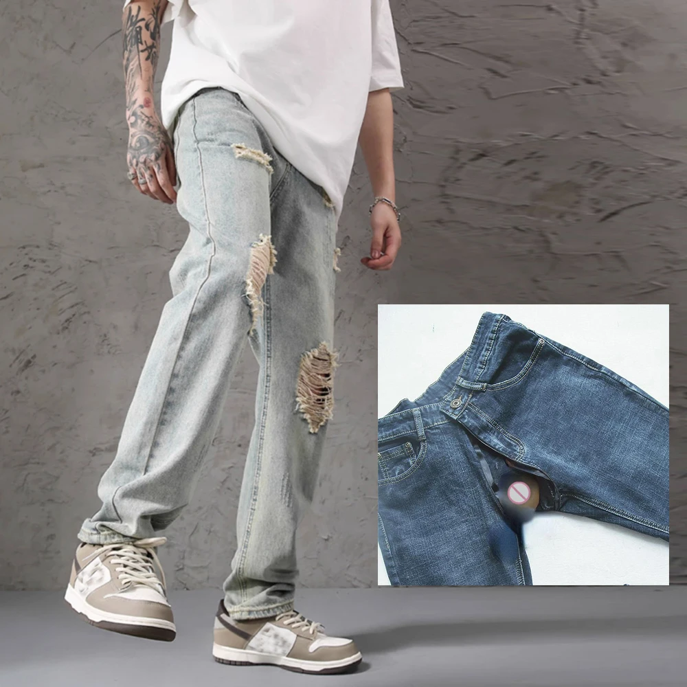 Vintage Washed Denim Summer Ripped Jeans Men and Women Invisible Open-crotch Outdoor Sex High Street Old Loose Straight Trousers