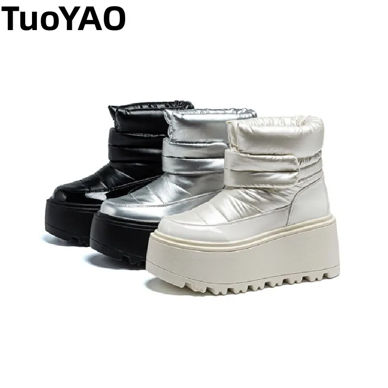 

Зимние ботинки на танкетке 8 см, плюшевые мокасины на высоком каблуке, весенне-осенняя женская обувь, ботильоны из натуральной кожи, зимние ботильоны