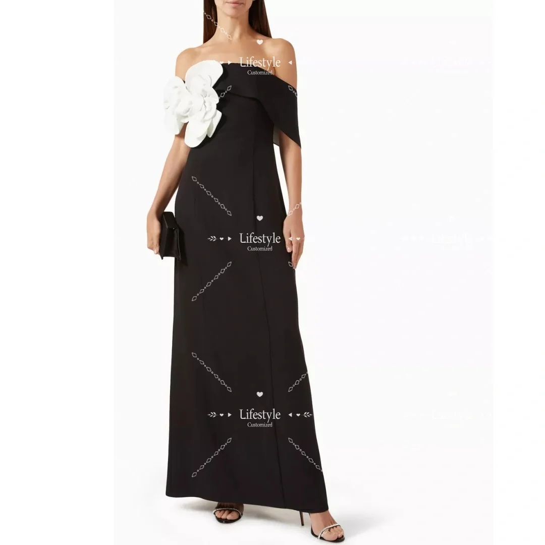 

Индивидуальные черные классические платья для выпускного вечера с открытыми плечами 2025 с белыми цветами Вечернее платье длиной до щиколотки для торжественного вечера