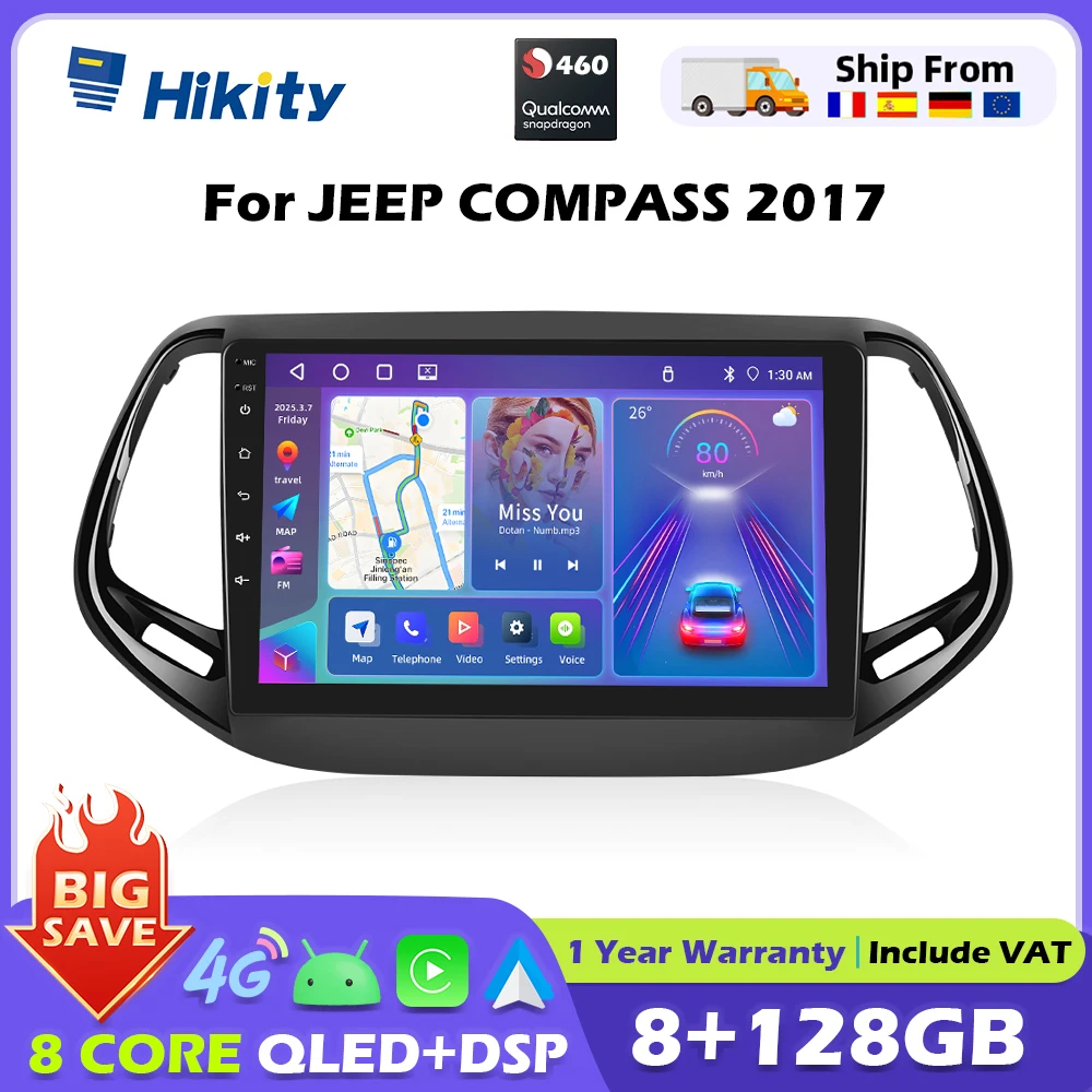 Hikity 8Core Qualcomm Snapdragon 460 Android 2DIN Autoradio Per JEEP COMPASS 2017 Carplay Navigazione GPS FM RDS Unità principale senza DVD