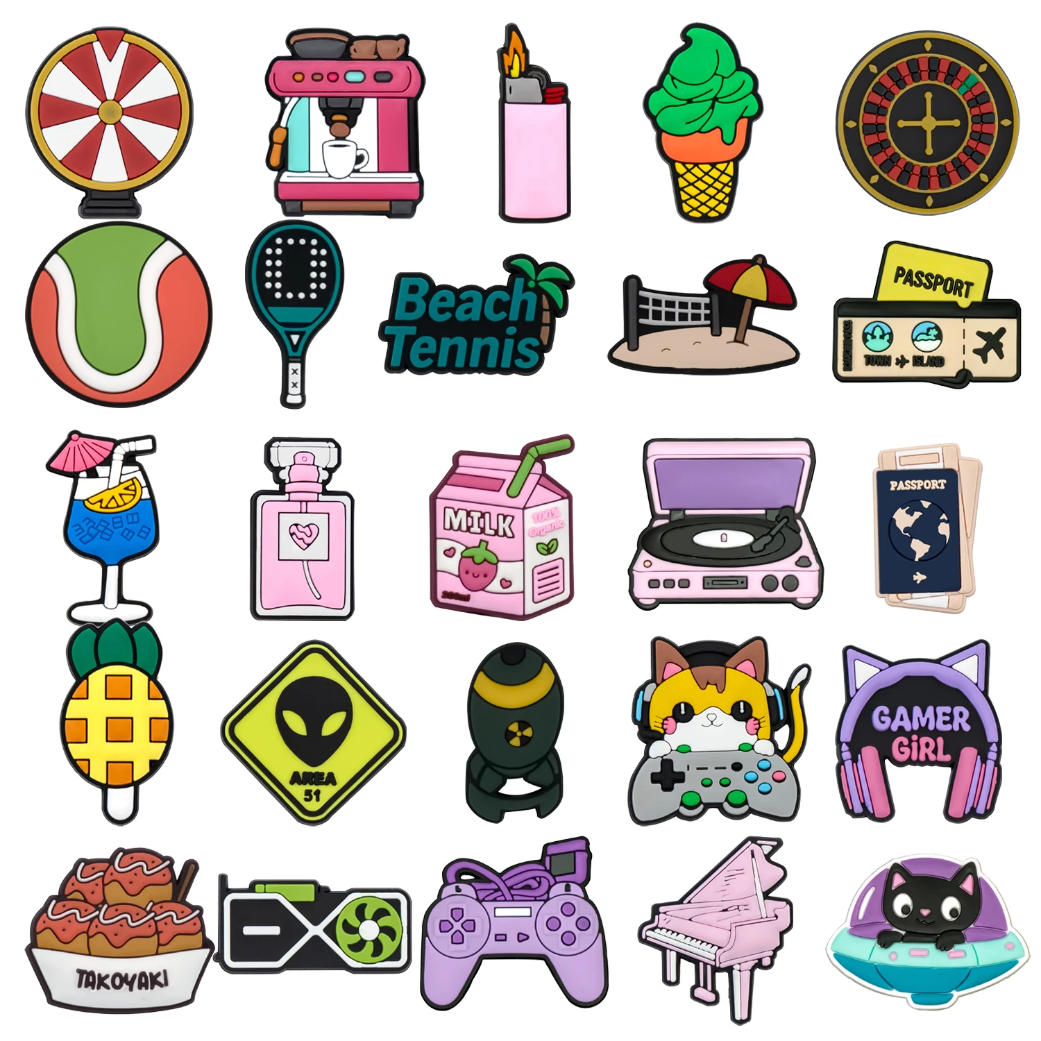 1/25pcs Casual Style Shoe Decoration Charms Cat Milk Drink Ice Cream Shoe Accessories Beach Tennis Plane Ticket Fits All Clogs
