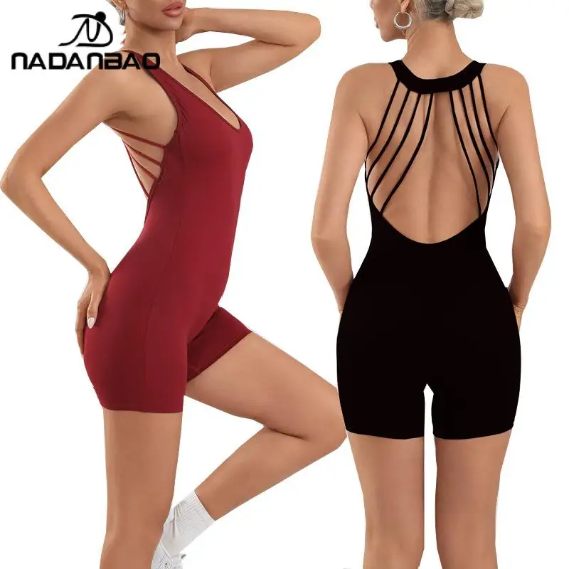 Nadanbao Pink Purple Sexy Backless Yoga Bodysuits Women Beautiful Back Hip Jumpsuit High Elastic Quick-Drying Sports Casual Wear
