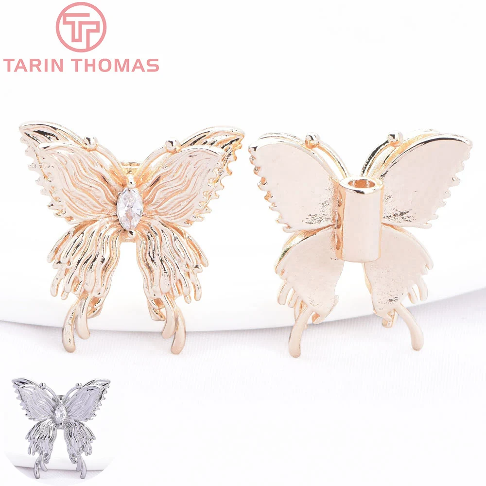 (8768) 4PCS 22x23MM 24K Gold Color Brass with Zircon Butterfly Shaped Pendant Bracelet Beads High Quality Diy Jewelry Finding