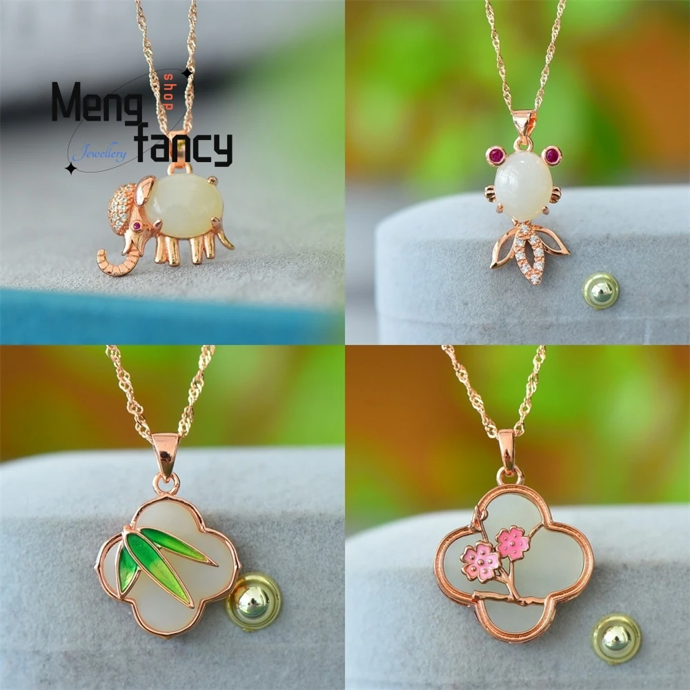 Copper Inlay Natural Hotan Jade Lucky Little Elephant Deer Koi Pendant Clavicle Chain Niche Design Versatile Luxury Fine Jewelry