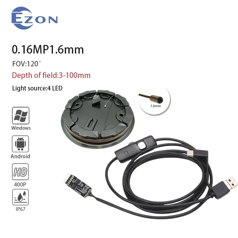 0.16MP1.6mm 120° Wide angle Industrial Endoscope Camera for Engine Inspection USB Type-C 3-in-1 Endoscope Camera + Decoder Board