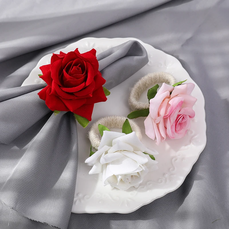 

1PC Artificial Rose Flowers Napkin Ring Buckle Tissue Rings Holders For Home Restaurant Wedding Valentine's Day Table Decoration