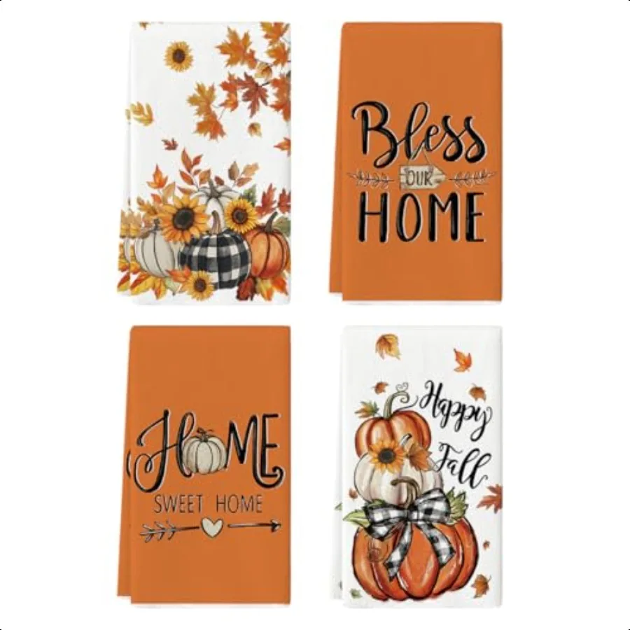 

Buffalo Plaid Bowknot Pumpkin Fall Kitchen Towels Dish Towels 18x26 Inch Farmhouse Leaves Autumn Decoration Hand Towels Set of