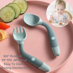 Green BAP Free Children Learn To Eat Training Tableware Twist Fork Spoon Silicone PP Soft Spoon