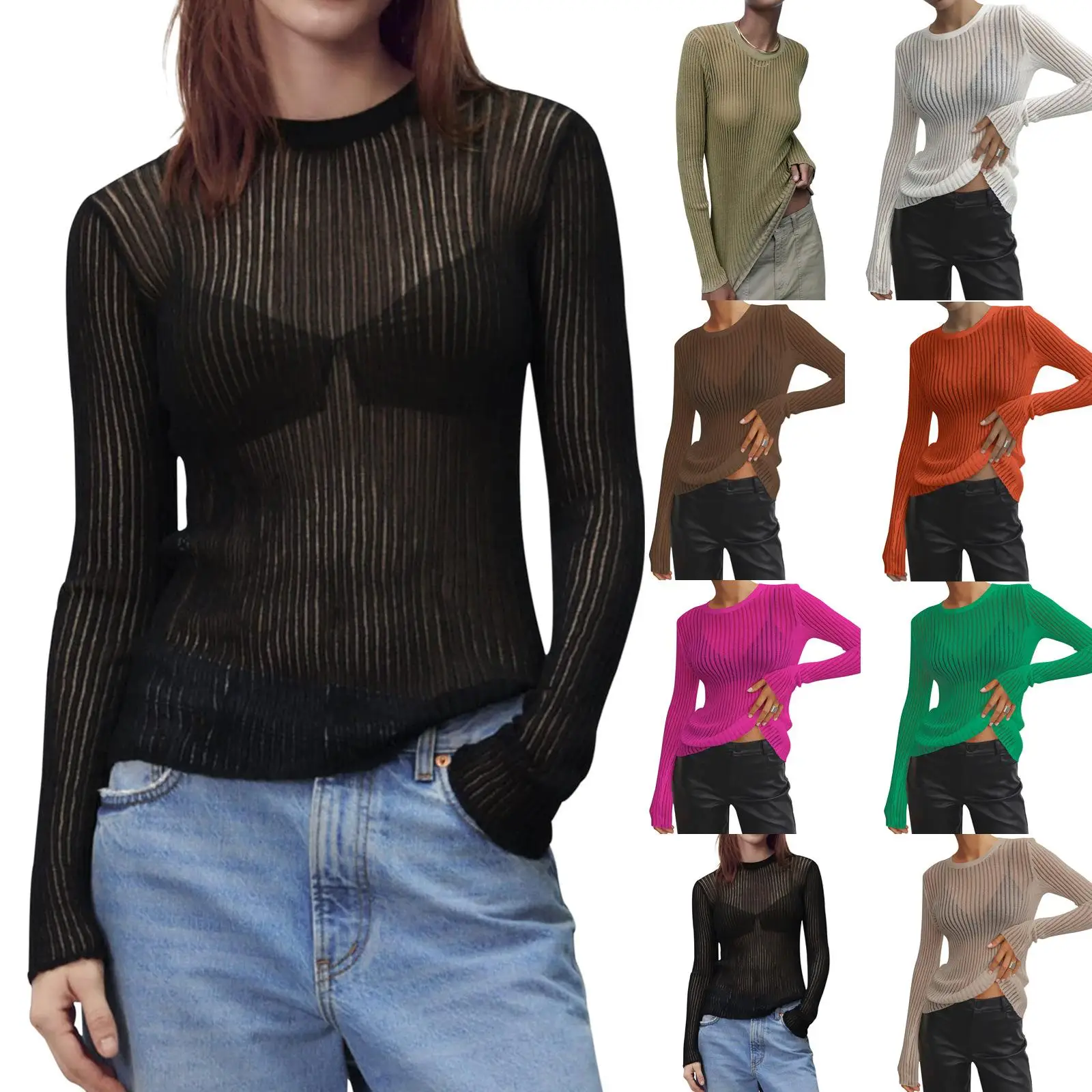 

Ele Women's Long Sved Perforated Knitted Top Slim Fit Me Pattern Polyester Fiber Thin Spring Season Faionable Top