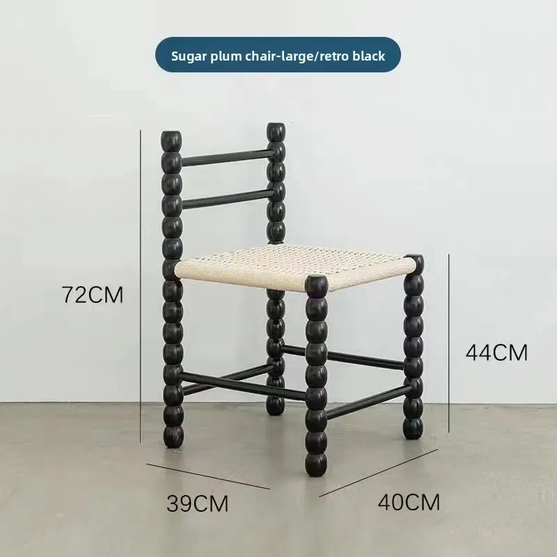 Modern Solid Wood Dining Stool with Backrest, Vintage Rattan Rope Woven Designer Vanity Chair for Living Room