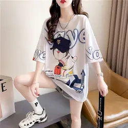 Fashion Korean Style T Shirt Women Summer Ruffled Short-sleeved T-shirt Loose Mid-length Design Print All-match Casual Tops 2025