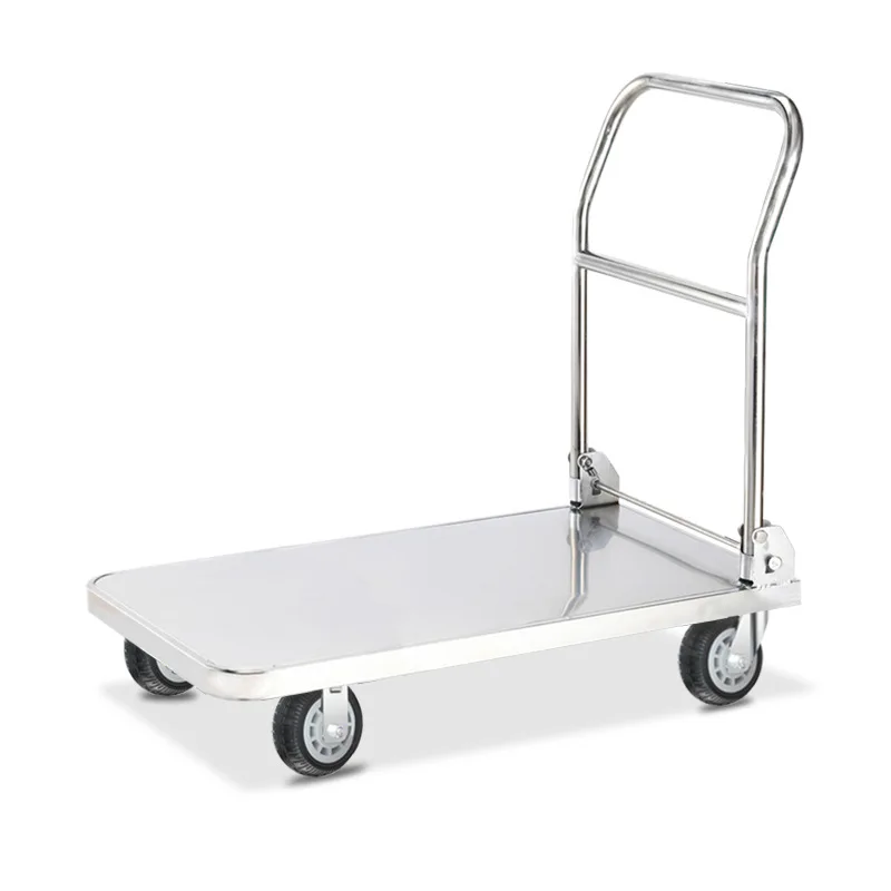 Stainless Steel 304 Heavy-Duty Flatbed Folding Four-Wheel Silent Logistics Pull Cart Hand Truck For Transportation