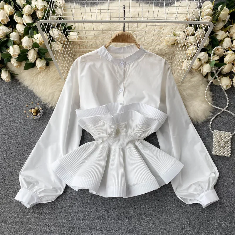 Pleated Blouse Women Black White Tops Long Lantern Sleeve Elegant Y2k Top Bow Ruffles Slim Shirts Casual Blouses Spring Summer 3