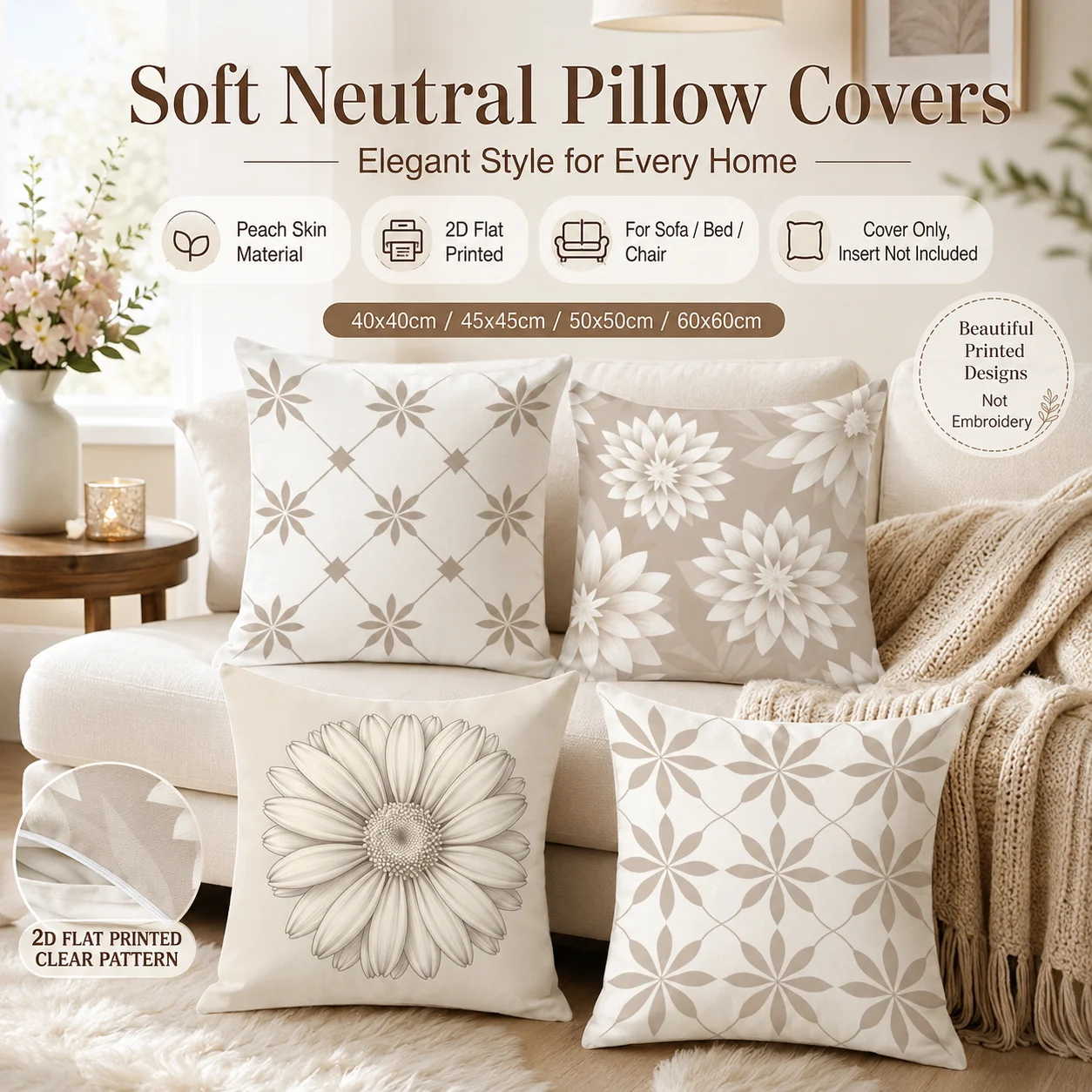 

Soft Neutral Floral Pillow Cover 2D Flat Printed Peach Skin Pillowcase Beige Flower Cushion Cover for Sofa Bed Home Decor
