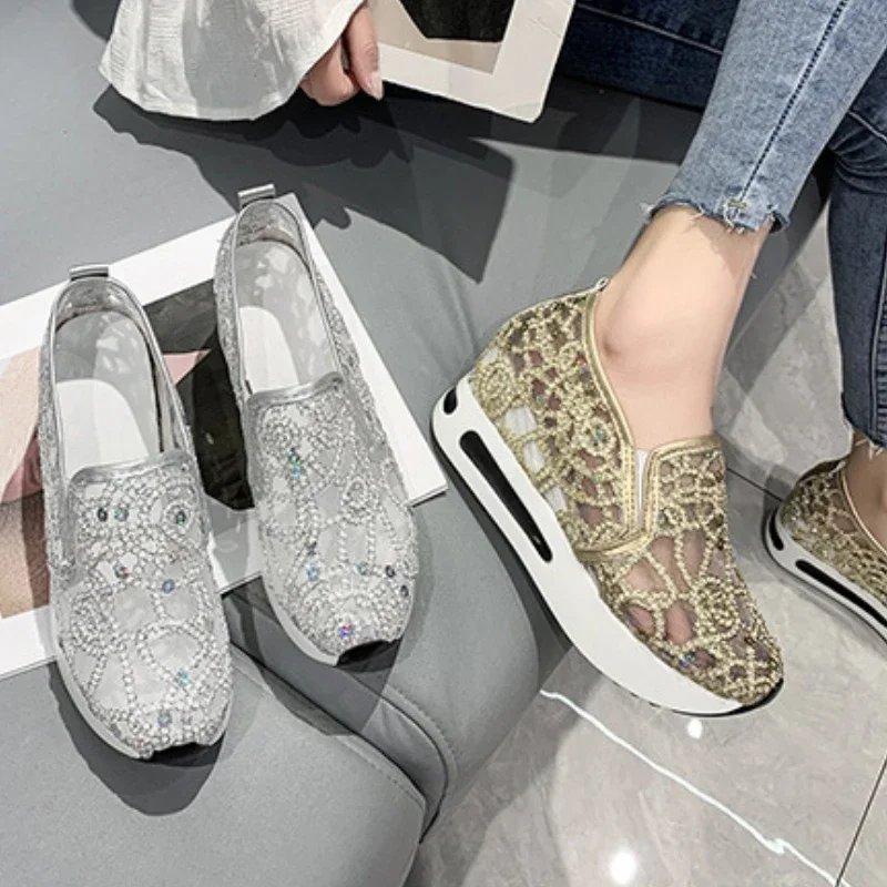 Women Sneakers 2024 Platform Wedge Embroidery Mesh Sneakers Women Slip on Casual Comfy Heeled Shoes for Women Zapatos De Mujer