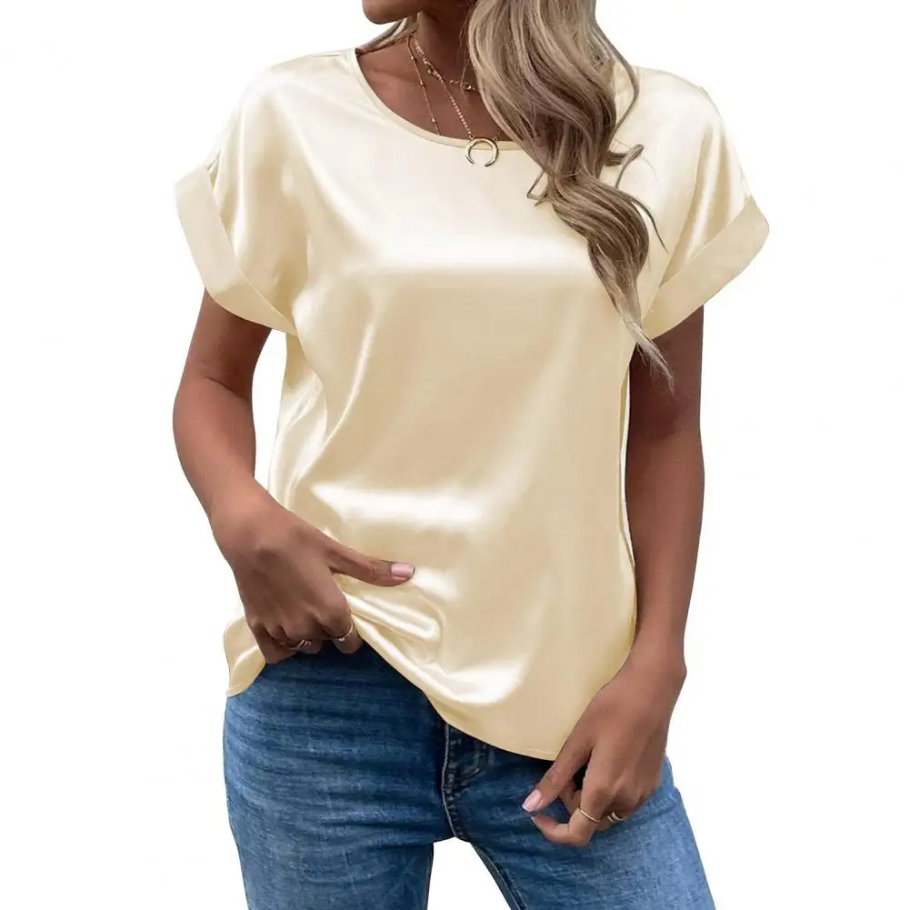 

Summer Satin Top Women Women’s Satin Blouse Short Sleeve Crew Neck Top Loose Silky Shirt Summer Work Business Outfit Stylish