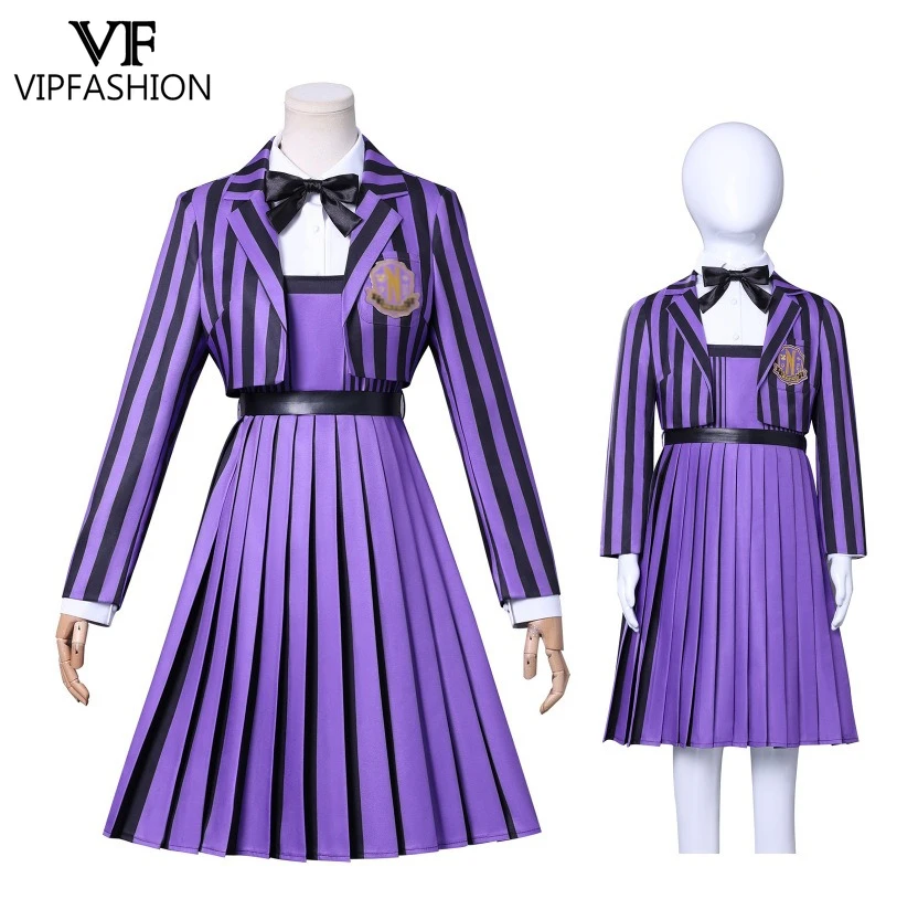 

VIP FASHION Halloween Mother Daughter Enid Sinclair‌ Cosplay Costume Women Purple Stripes Jacket Dress Suit Girls Party Dress Up