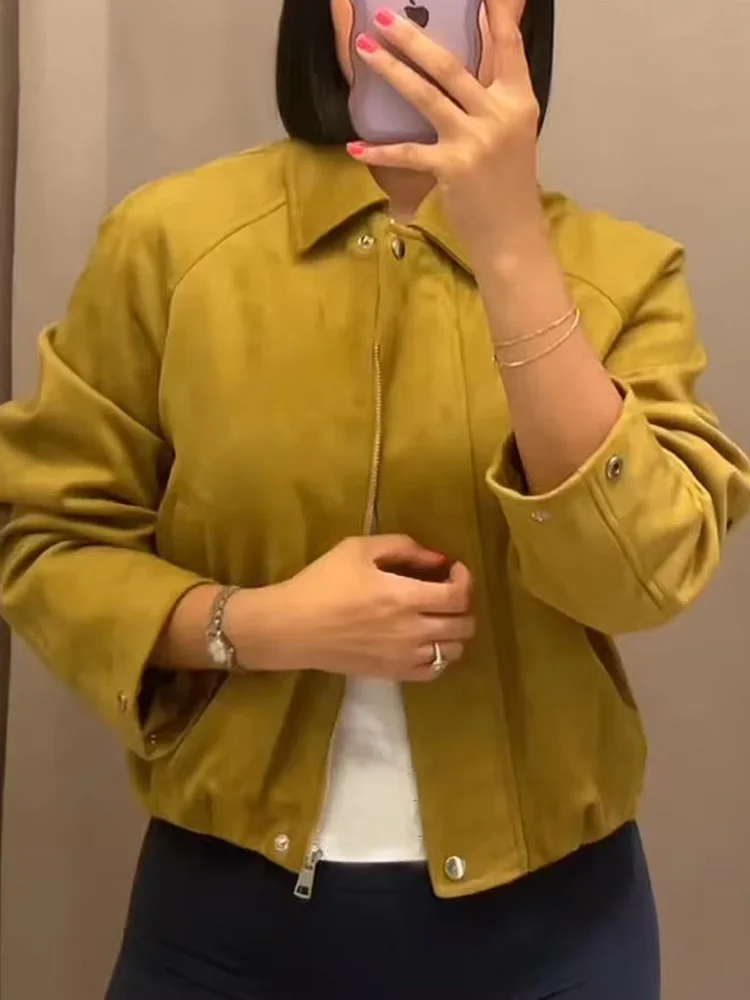 HH automne femme Chic col rabattu fermeture éclair poche conception Style de rue manteaux femmes élégant manches longues veste courte