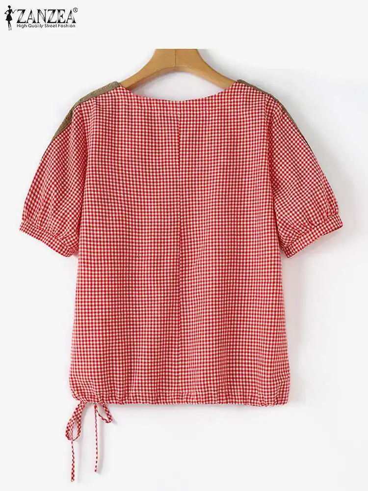 ZANZEA Drawstring Hem Casual Blusas Mujer Women Lace Patchwork Vintage Checked Gingham Blouses Short Sleeve Summer Shirt Tops