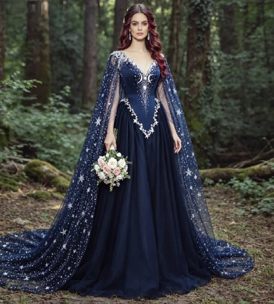 Customized Extravagant Graceful Wedding Dresses with Silver Star Moon Appliques Sheer Cape Witchy  Bridal Gowns