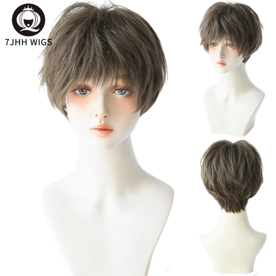 7JHH WIGS Short Bob Black Wigs For Women Curly Crochet Male Hair With Bang Synthetic Heat Resistant Brown Daily Wear Wig