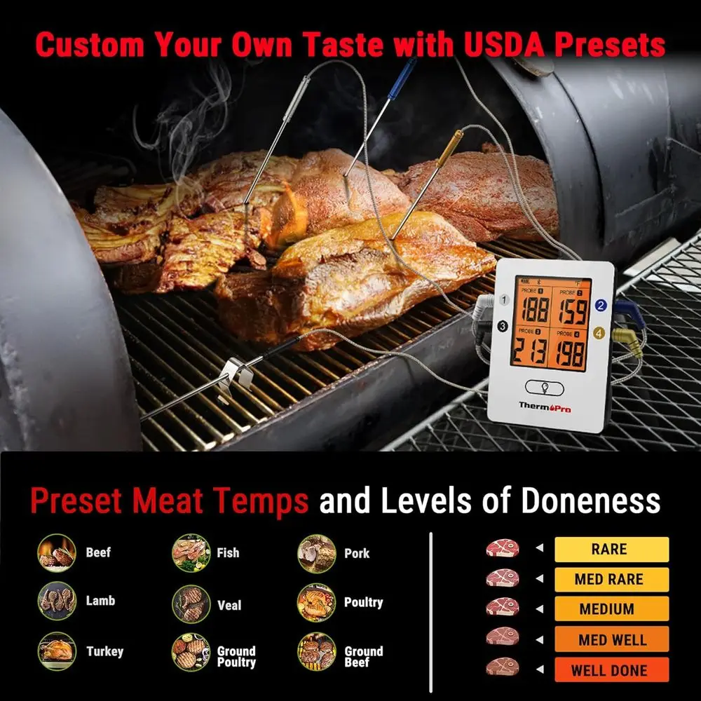 Wireless Meat Thermometer with 4 Probes, Bluetooth Cooking Thermometer, BBQ Oven Food Smoker Thermometer, Rechargeable