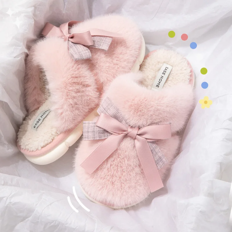 Winter Bow Slippers Women Indoor Outdoor Bedroom Cotton Soft Thick Non-slip Design Fashion Versatile cute Home Platform Shoes