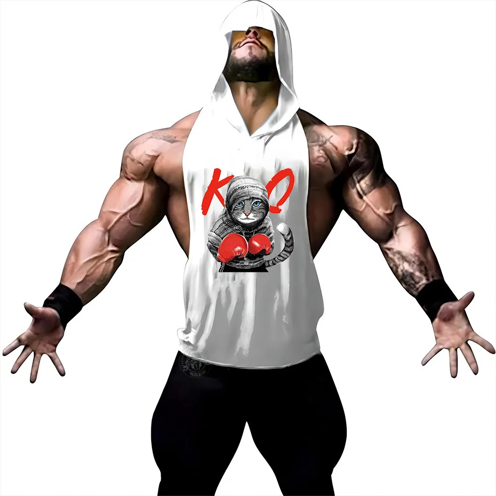 Harajuku New Fashion Men's Sleeveless Fitness Hooded Top Letters 2D Kung Fu Cat Print Top Men's Fitness Sports hooded tops