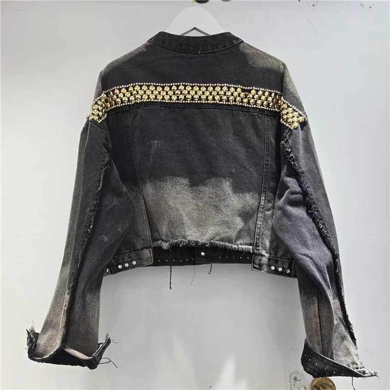 Travail lourd Rivet perlé diamant noir contraste couleur courte veste en jean mode col montant à manches longues Cowboy vêtements d'extérieur