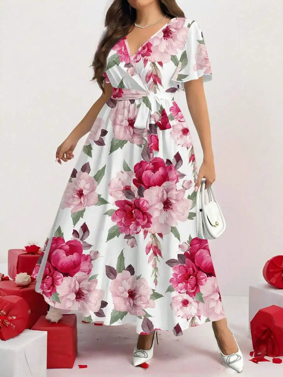 

Plus Size Vintage Floral Print Loose Drawstring Midi Dress For Women Summer Spring Casual Boho Beach Outfit