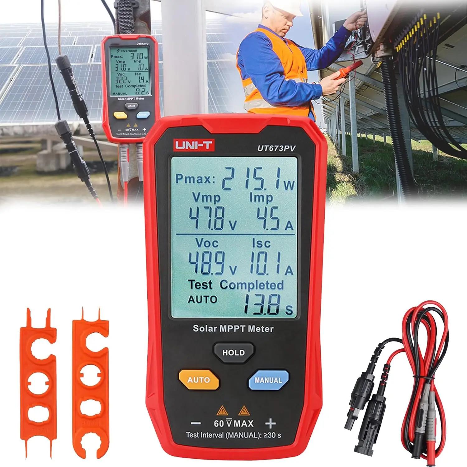 UT673PV Solar Panel Tester - Photovoltaic Multimeter for Pmax, Vmp, Imp, Voc, Isc, with MPPT & Large LCD Display