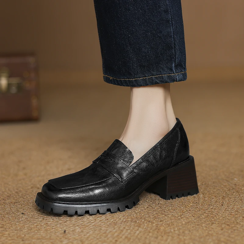 Women's Chunky Platform Leather Loafers Slip-On Penny Loafers with Lug Sole Round Toe Arch Support Non-Slip Business Casual Shoe